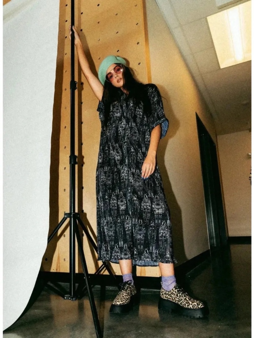Dressed in Lala So Far So Good Oversized Plisse Shirt Dress Astronaut Print